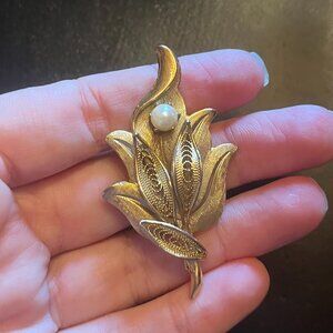 Vintage Gold Tone Floral Spray Brooch with Faux Pearl and Filigree Design
